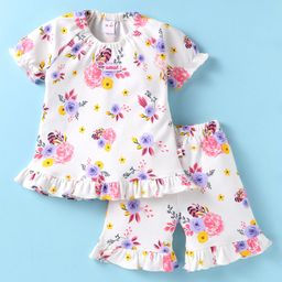 WOW Clothes Cotton Knit Half Raglan Sleeves Top & Shorts Set With Floral Print - Pink & White-image-32