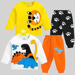 KUCHIPOO Cotton Blend Pack Of 2 Full Sleeves Tiger & Dinosaurs Printed Tees & Joggers Set - Orange White Yellow & Black-picture-43