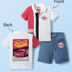 Babyhug Disney Single Jersey Knit Half Sleeve Polo T-Shirt and Shorts with Front & Back Cars Graphics - White Red & Blue-image-37