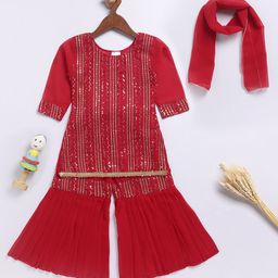 JBN Creation Georgette Three Fourth Sleeves Threadwork Embroidered Sequins & Lace Embellished Kurta Sharara With Dupatta Set - Magenta-image-90