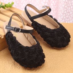 Babyoye Velcro Closure Ballerina with Floral Applique - Black-picture-0