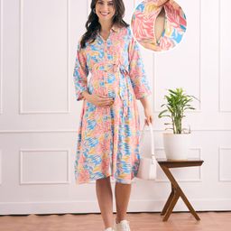 Bella Mama Viscose Woven Three Fourth Sleeves Front Open Maternity Shirt Dress with Floral Print - Light Blue & Pink-26