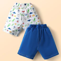 Simply Sinker Knit Knee Length Vehicles & Dino Printed Shorts Pack Of 2 - Navy Blue & White-image-5