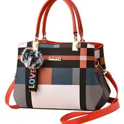SYGA Women Colorblock Handbag with Dual Handles & Sling Strap Featuring LOVE Keychain & Faux Fur Charm(Red)-picture-29