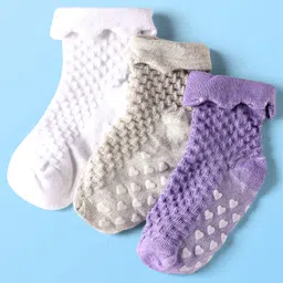Cute Walk by Babyhug Knit Ankle Length Anti Skid Anti Bacterial Socks with Cable Knit Design Pack of 3 - Purple Grey & White-picture-29