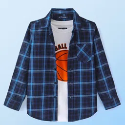 Pine Kids Cotton Woven Full Sleeves Checkered Shirt with Inner Tee - Navy Blue-picture-10