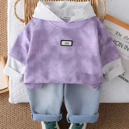 Googo Gaaga Cotton Knit Full Doctor Sleeves Textured Light Winter Tie Dye Hooded Sweatshirt With Jeans Set - Purple-picture-2