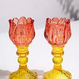 MARKET99 Red & Yellow Set of 2 Lotus Glass T-Light Candle Holders-51