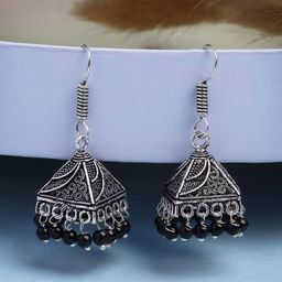 Anouk Women Oxidised Silver Plated Black Artificial Beads Jhumka Earrings-53