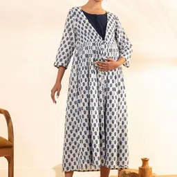 Janasya Women White Pure Cotton Floral Printed A-Line Maternity Ethnic Dresses-image-68
