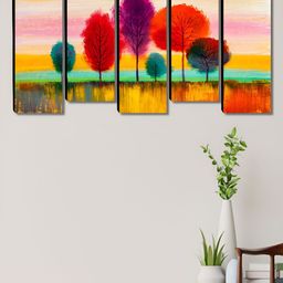SAF Yellow & Red 5 Pieces Tree Floral And Botanical Wooden Wall Arts-24
