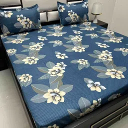 Pure Decor Blue & Beige Floral 330 TC Queen Bedsheet with 2 Pillow Covers-image-90