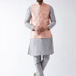 SOJANYA Men Grey & Peach-Coloured Self Design Kurta with Churidar & Nehru Jacket image 1