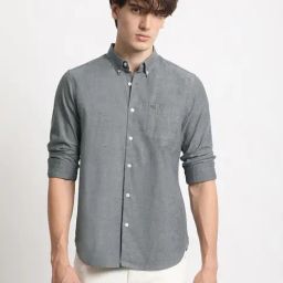 The Bear House Grey Cotton Slim Fit Texture Shirt-image-38