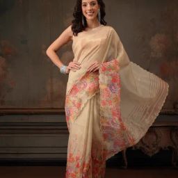Silk Land Kota Doria Tissue Silk Printed Saree With Cutwork Border-image-84