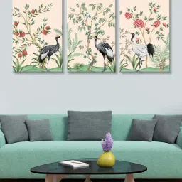 999Store Beige & Green Flamingo Birds with Floral Tree Art 3 Frame Canvas Paintings-0