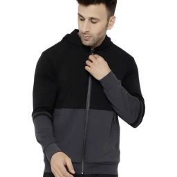 Chkokko Black & Grey Regular Fit Colour Block Hooded Jacket-image-104