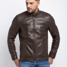 Teakwood Leathers Brown Mandarin Collar Leather Jacket-image-81