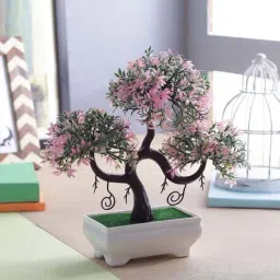 Foliyaj Pink & Green Plastic Artificial Plant Bonsai Tree With Leaves-15