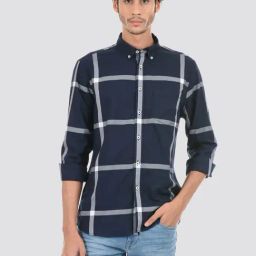 London Fog Navy Blue Regular Fit Checks Shirt-image-2