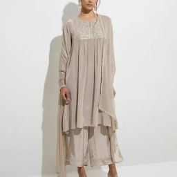 Vark by Westside Taupe FloralA-Line Kurta, Pants and Dupatta Set-image-13