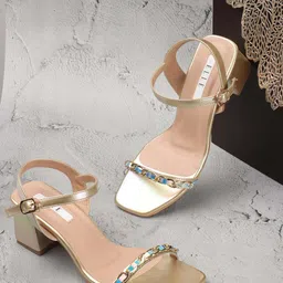 ELLE Embellished Open Toe Block Heels With Buckles image 2