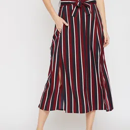 RARE Women Maroon & Navy Blue Striped A-Line Maxi Skirt-picture-10
