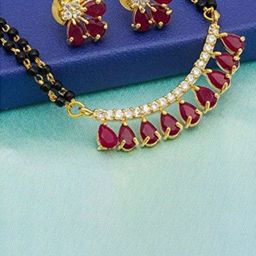 PUJVI Gold-Plated American Diamond Studded & Beaded Mangalsutra With Earrings-image-45