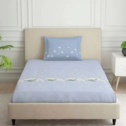 Spaces Phuleri Blue 144 TC Cotton Single Flat Bedsheet with 1 Pillow Cover-image-79