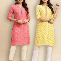 Rangita Pink & Yellow Floral Print Straight Kurta - Pack OF 2-image-49