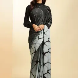 navyasa by liva Grey & Black Printed Saree With Unstitched Blouse-image-99