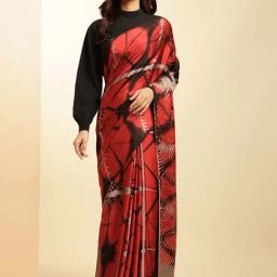 navyasa by liva Red Printed Saree With Unstitched Blouse-image-5