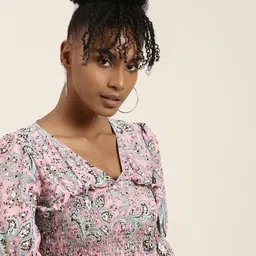 SHOWOFF Floral Printed Bell Sleeves Smocked Crop Top-image-34