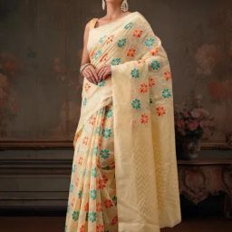 Silk Land Multicolor Floral Work Cotton Saree-image-50