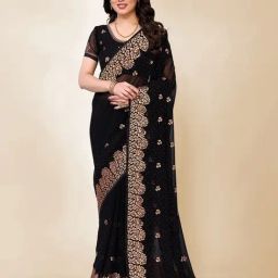 FABMORA Black Floral Sarees with Unstitched Blouse-image-37