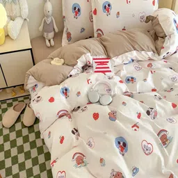 JC HOME Khaki & White 4 Pieces Cartoon Characters Printed Single Bedding Set-44