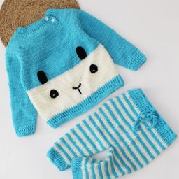 Woonie Handmade Full Sleeves Bunny Face Detail Sweater With Striped Pant - Blue & White-picture-48