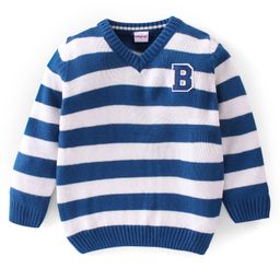 Babyhug 100% Acrylic Knit Full Sleeves Sweater With Striped & Embroidery - Blue & White-picture-3