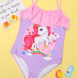 Yellow Bee  Sleeveless Unicorn Printed One Piece Swimsuit With Ruffle Neckline - Purple & Pink-image-32