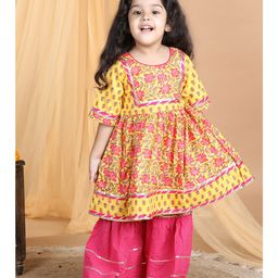 Kinder Kids Half Sleeves Floral Printed & Lace Embellished Kurta With Sharara - YellowPink-image-91