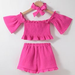 Kookie Kids Flutter Sleeves Solid Top & Shorts Set with Pleated Detailing - Fuchsia-image-71