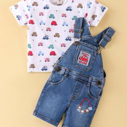 ToffyHouse Half Sleeves T-Shirt With Denim Dungaree Vehicle Embroidery & Print - Medium Blue-image-41