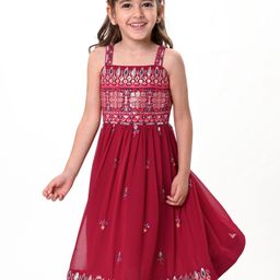 Babyhug Woven Sleeveless Floral Embroidered Ethnic Dress - Hot Pink-image-14