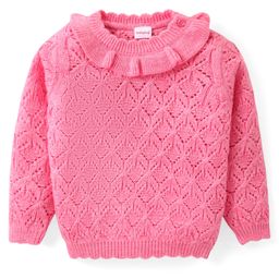 Babyhug Knitted Full Sleeves Pullover Designed Sweater with Frill Detailing - Pink-image-16
