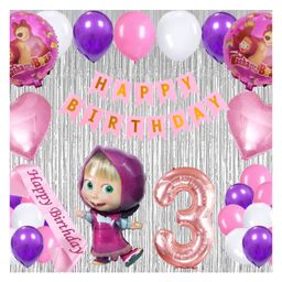 Bubble Trouble 41 Pcs 3rd Birthday Decoration for Girls Character Foil Balloons Silver Curtain Pink Sash Masha Theme Third Birthday Decoration Metallic Balloon Bear Decorations (Pack of 41, Pink)-image-41