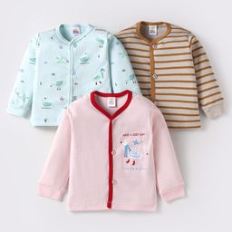 Mini Donuts Interlock Knit Full Sleeves Front Open Vests with Stripes & Animal Print Pack Of 3 - Pink Light Blue & Light Brown-15