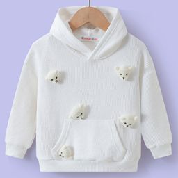 Kookie Kids Full Drop Shoulder Sleeves Hooded Sweater with Bear Applique & Kangaroo Pockets - White-image-3