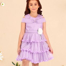 Cutecumber Cold Shoulder Shimmer & Floral Applique Detail Layered Dress - Purple-image-85
