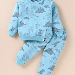 Teddy Fleece Knit Full Sleeves Winter Wear Sweatshirt & Lounge Pant Set With Dinosaurs Print - Light Blue-image-16