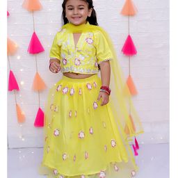 KID1 Sleeveless Floral Embroidered & Sequins Embellished Coordinating Lehenga Choli & Dupatta Set - Yellow-image-99